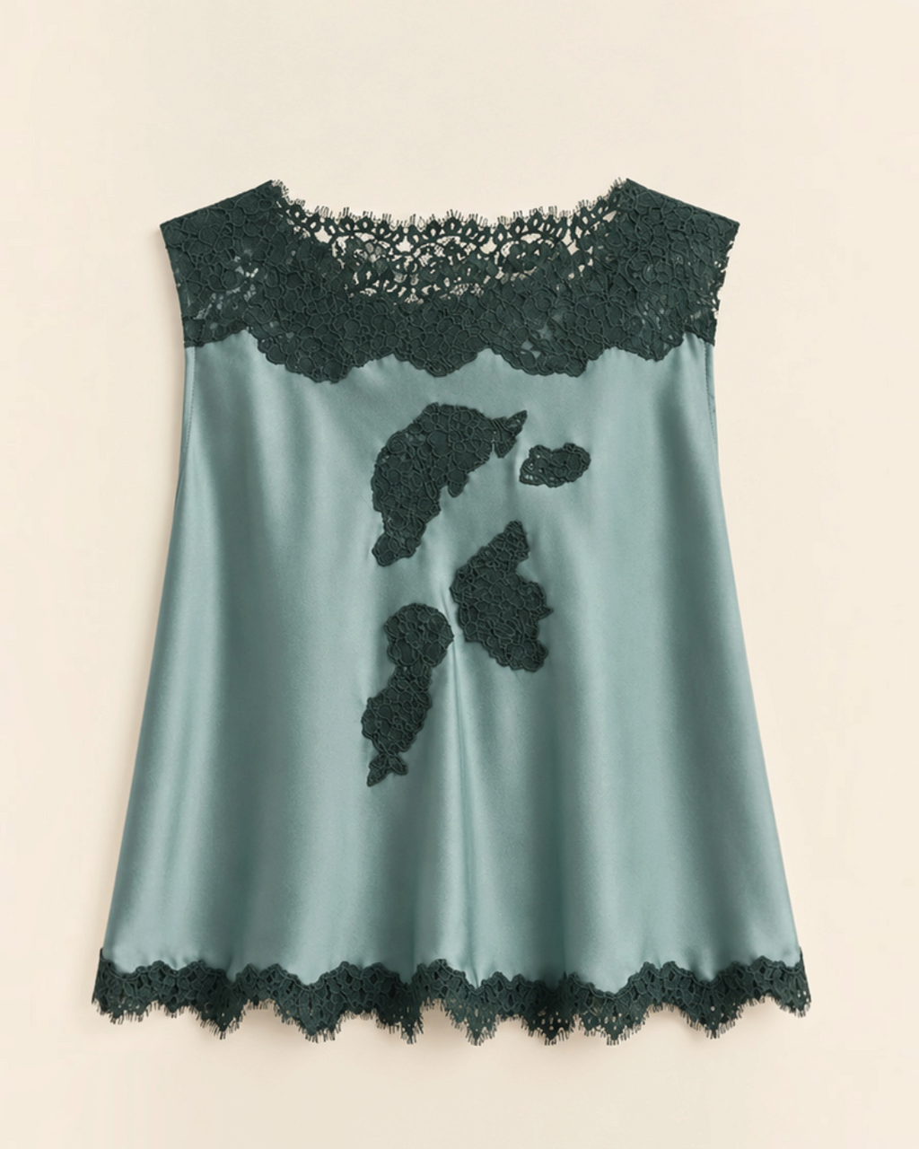 Top Merci Paris Dôen Green Valerina in silk satin with dark floral lace details on the bust and hem