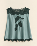 Top Merci Paris Dôen Green Valerina in silk satin with dark floral lace details on the bust and hem