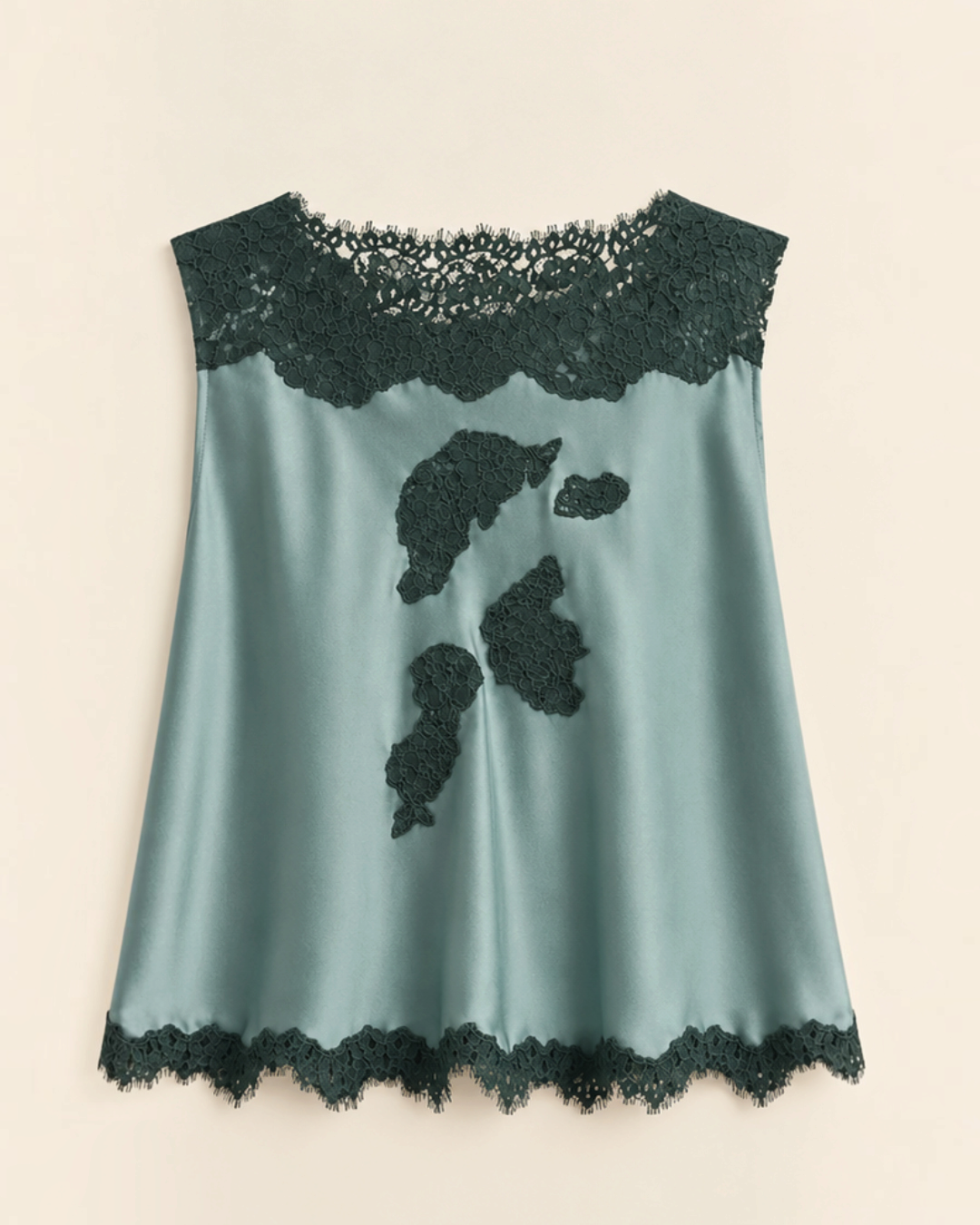 Top Merci Paris Dôen Green Valerina in silk satin with dark floral lace details on the bust and hem