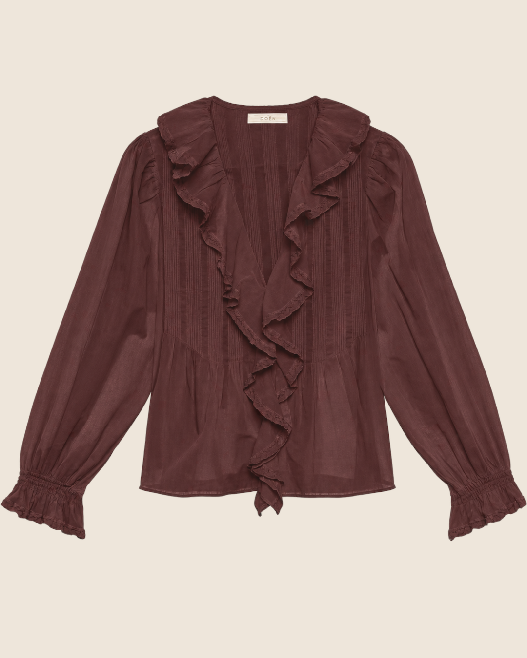 Blouse Merci Paris Dôen Hardy red in organic cotton with lace ruffles and long voluminous sleeves
