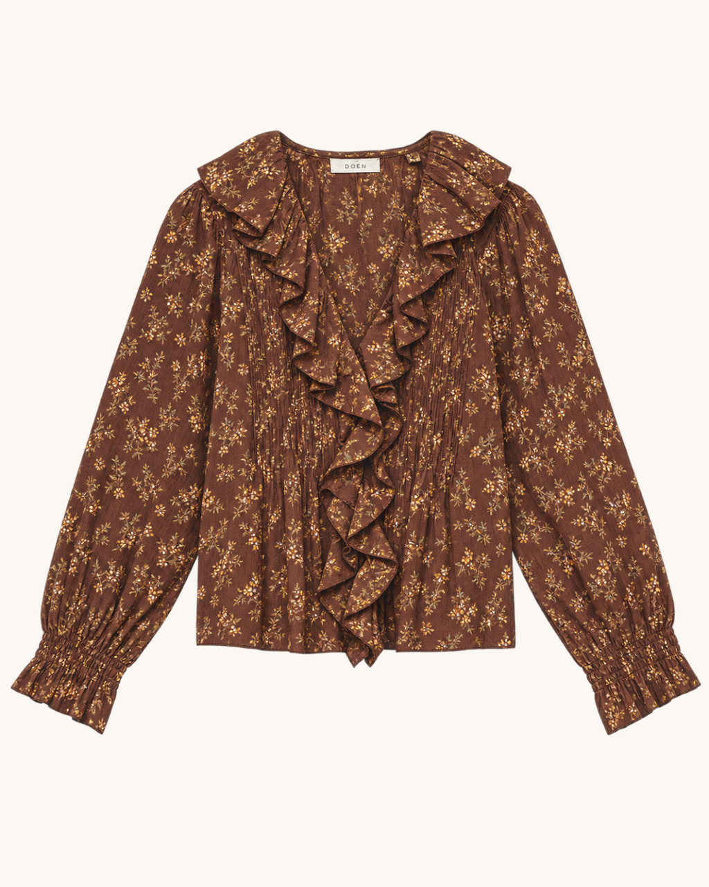 Blouse Merci Paris Dôen Brown hardy in organic cotton with floral print, ruffled collar and long sleeves