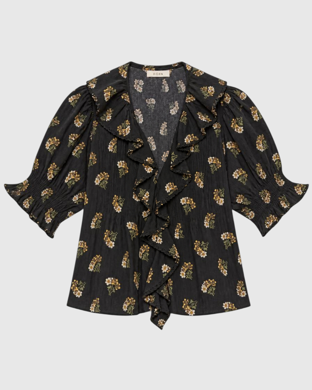 Blouse Merci Paris Doen Henri black blouse in organic cotton with floral print, lace ruffles and puff sleeves