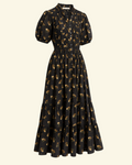 Midi dress Merci Paris Dôen Haleigh black floral midi dress, ruffled stand-up collar, puff sleeves and tiered ruffled skirt.