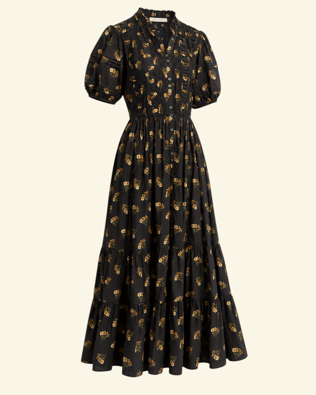 Midi dress Merci Paris Dôen Haleigh black floral midi dress, ruffled stand-up collar, puff sleeves and tiered ruffled skirt.