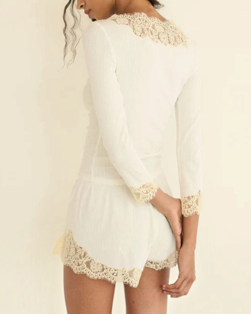 White Riana T-shirt Merci Paris in ribbed knit with boat neckline and delicate lace details