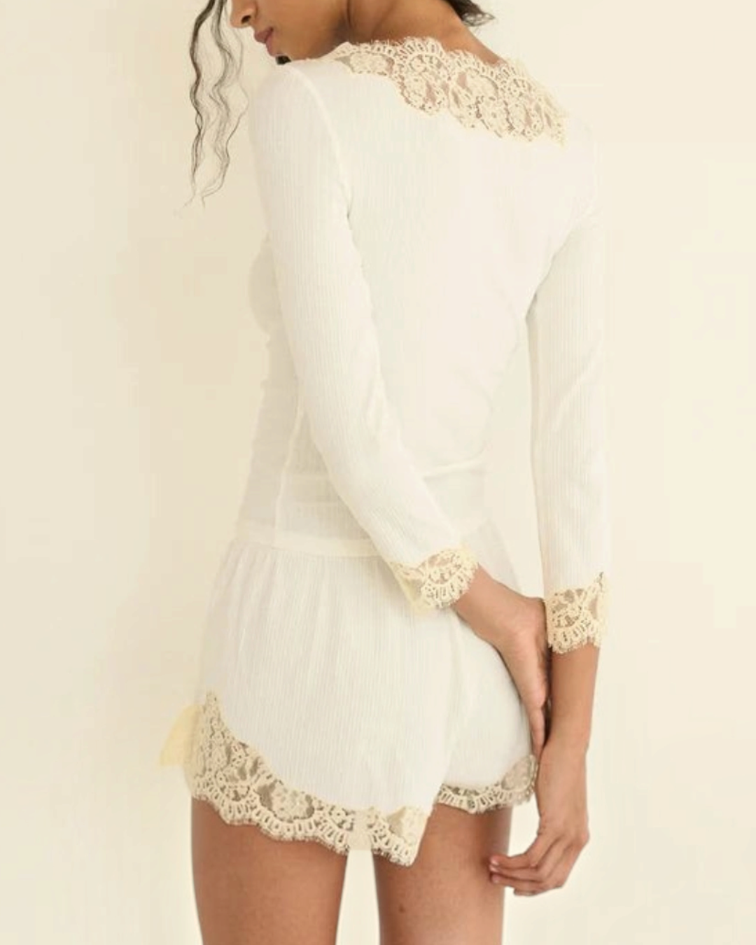 White Riana T-shirt Merci Paris in ribbed knit with boat neckline and delicate lace details
