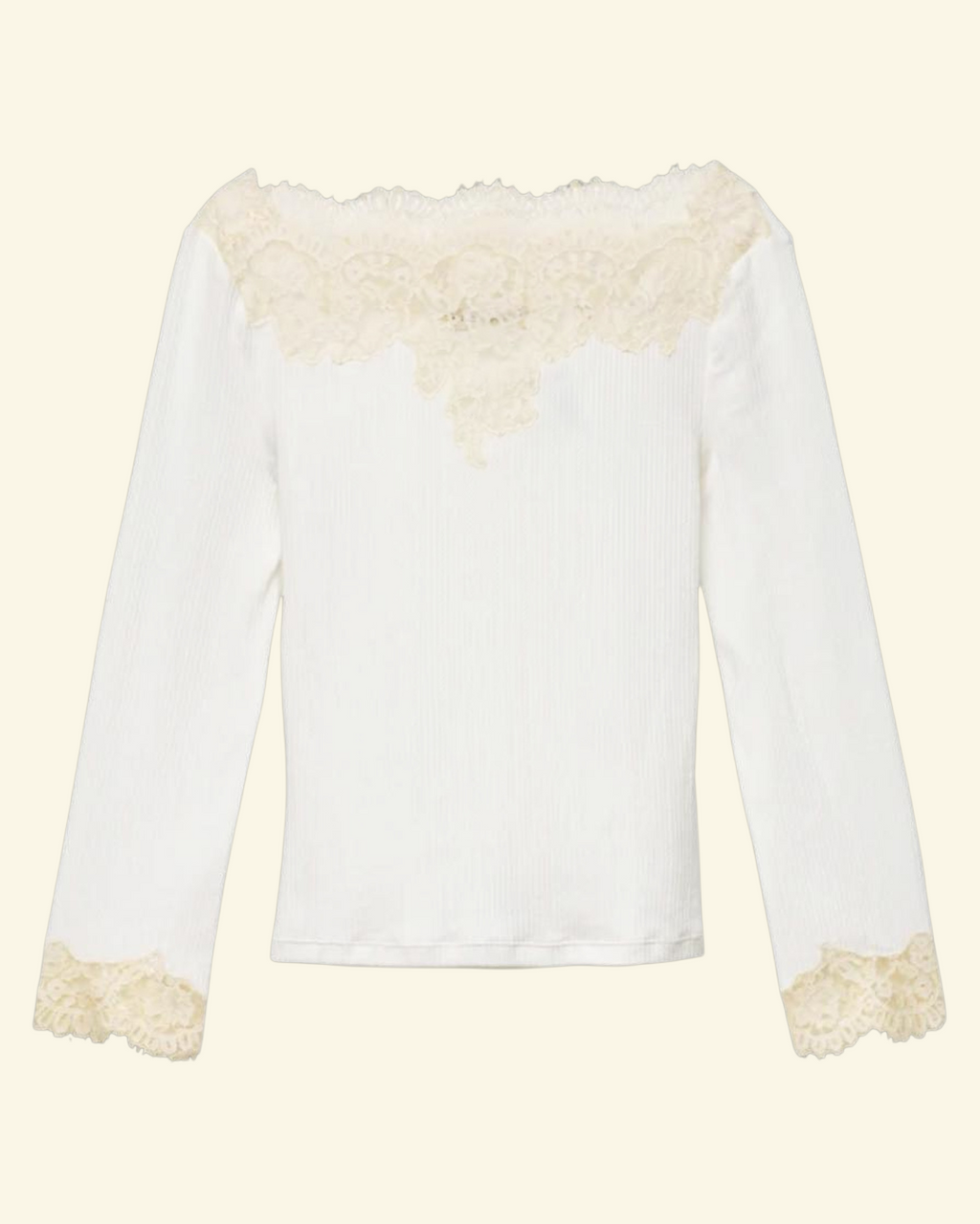 White T-shirt Merci Paris Dôen Riana in ribbed cotton with boat neckline and delicate lace cuffs