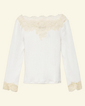 White T-shirt Merci Paris Dôen Riana in ribbed cotton with boat neckline and delicate lace cuffs