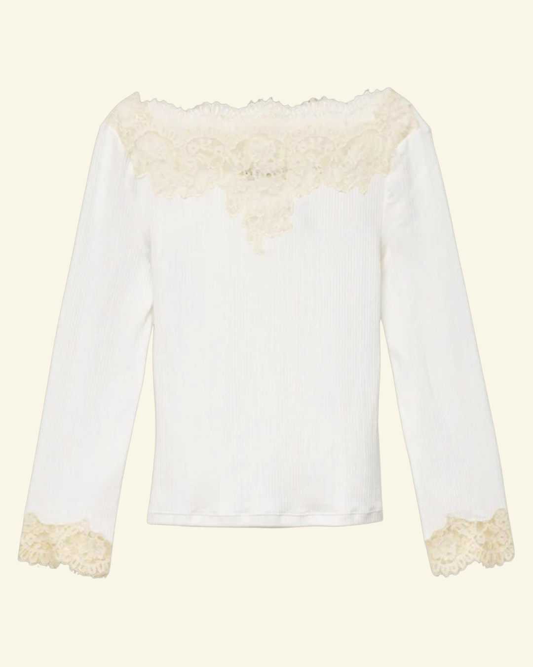 White T-shirt Merci Paris Dôen Riana in ribbed cotton with boat neckline and delicate lace cuffs