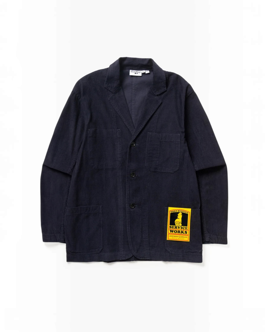Veste de travail Merci Paris Service Works en velours côtelé bleu marine avec trois poches et écusson jaune