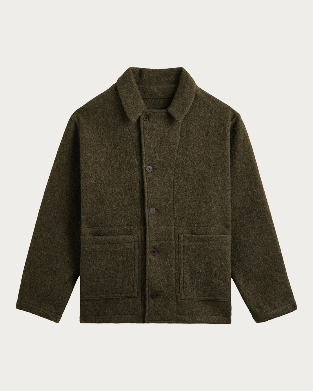Veste réversible Merci Paris Homecore Swit Sheep en laine bouillie vert olive avec double boutonnage et poches