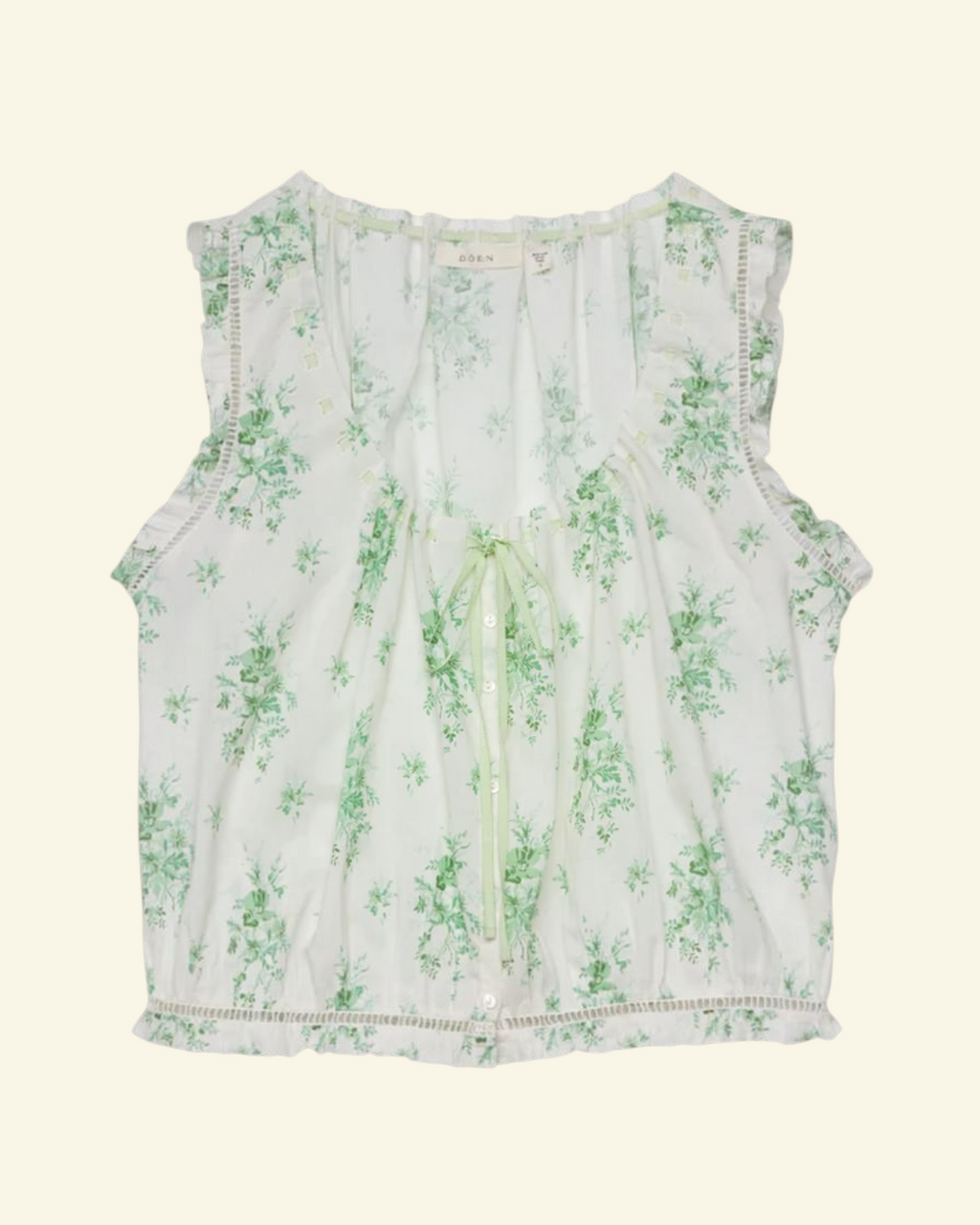 Blouse Merci Paris Dôen Traveler in green organic cotton voile with floral print with openwork details and ribbon