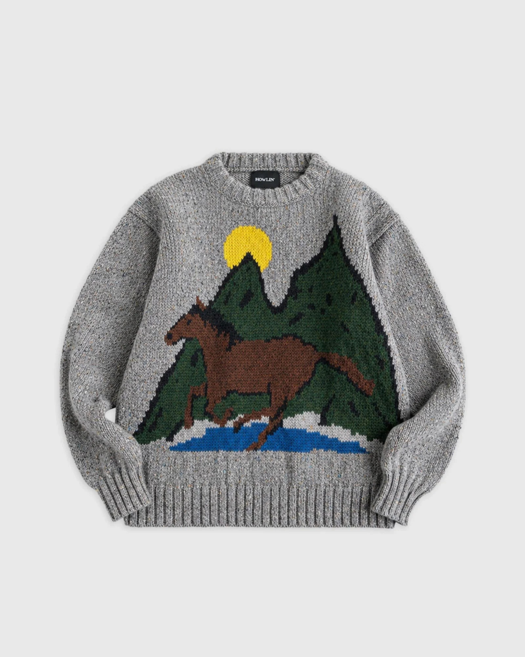 Pull Merci Paris Howlin' Wild Horse gris en laine et mohair avec motif paysage de cheval et montagnes