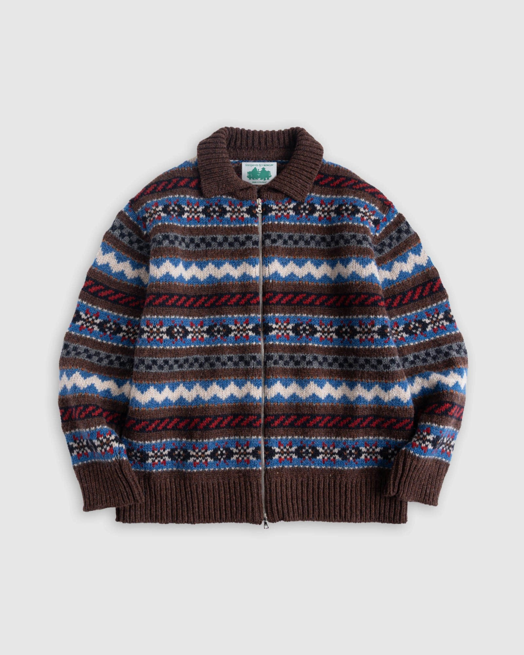 Cardigan zippé Merci Paris Howlin' en laine vierge avec motifs Fair Isle multicolores et col chemise marron