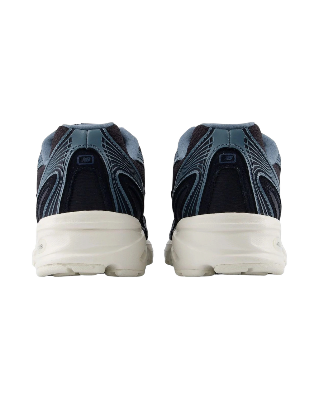 Vue arrière des baskets Merci Paris New Balance 740 en mesh bleu marine et détails blanc cassé avec semelle ABZORB