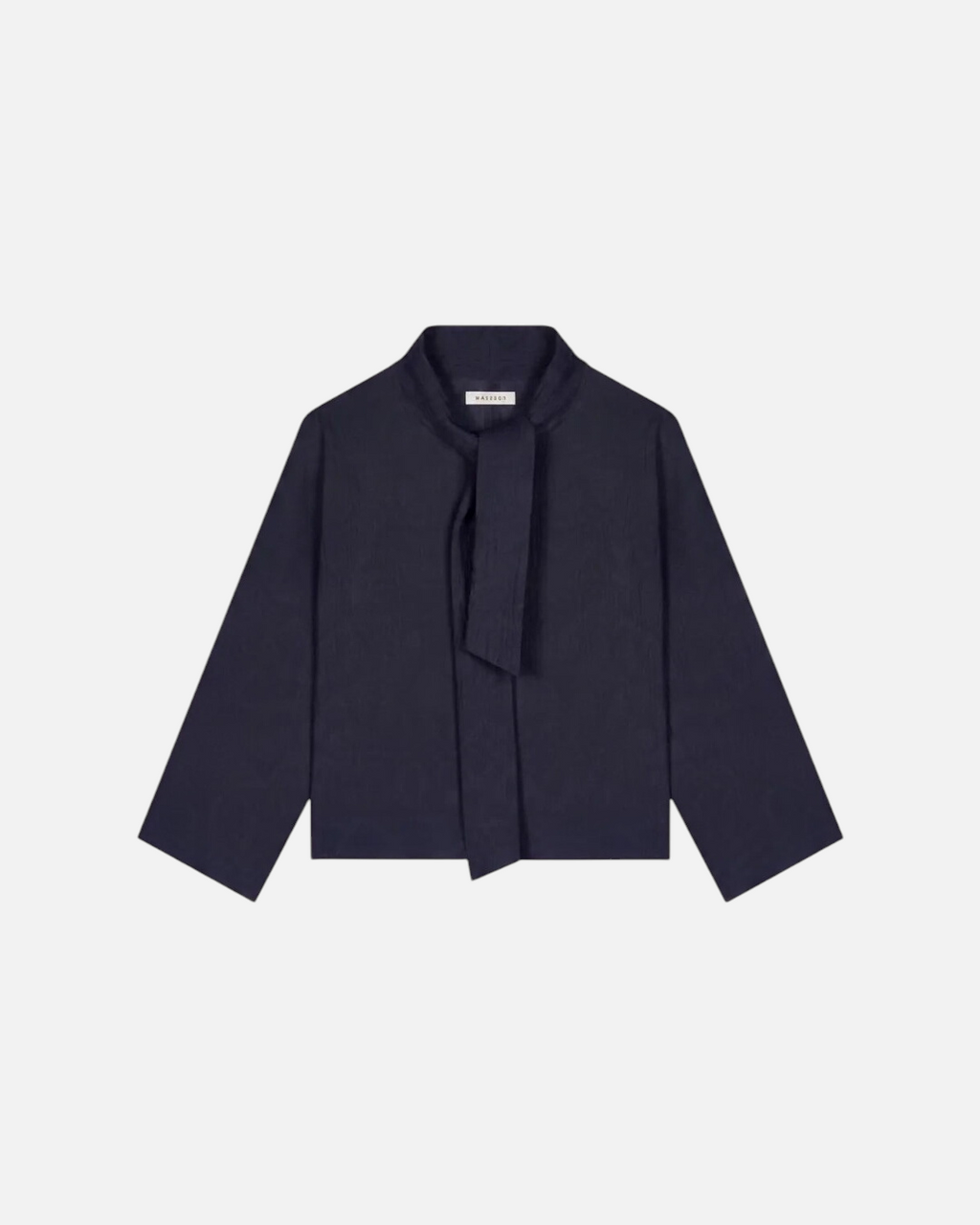 Haut bleu marine Merci Paris Masscob en mélange coton et laine avec encolure foulard et manches japonaises fluides