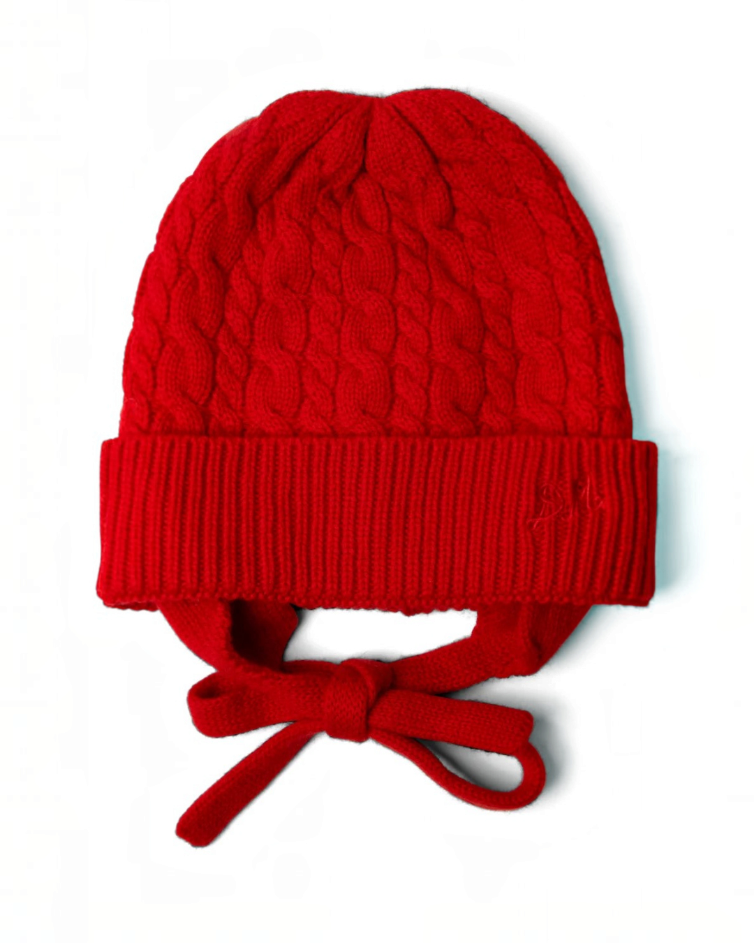 Bonnet rouge Merci Paris Damson Madder en maille torsadée de laine et cachemire avec liens à nouer