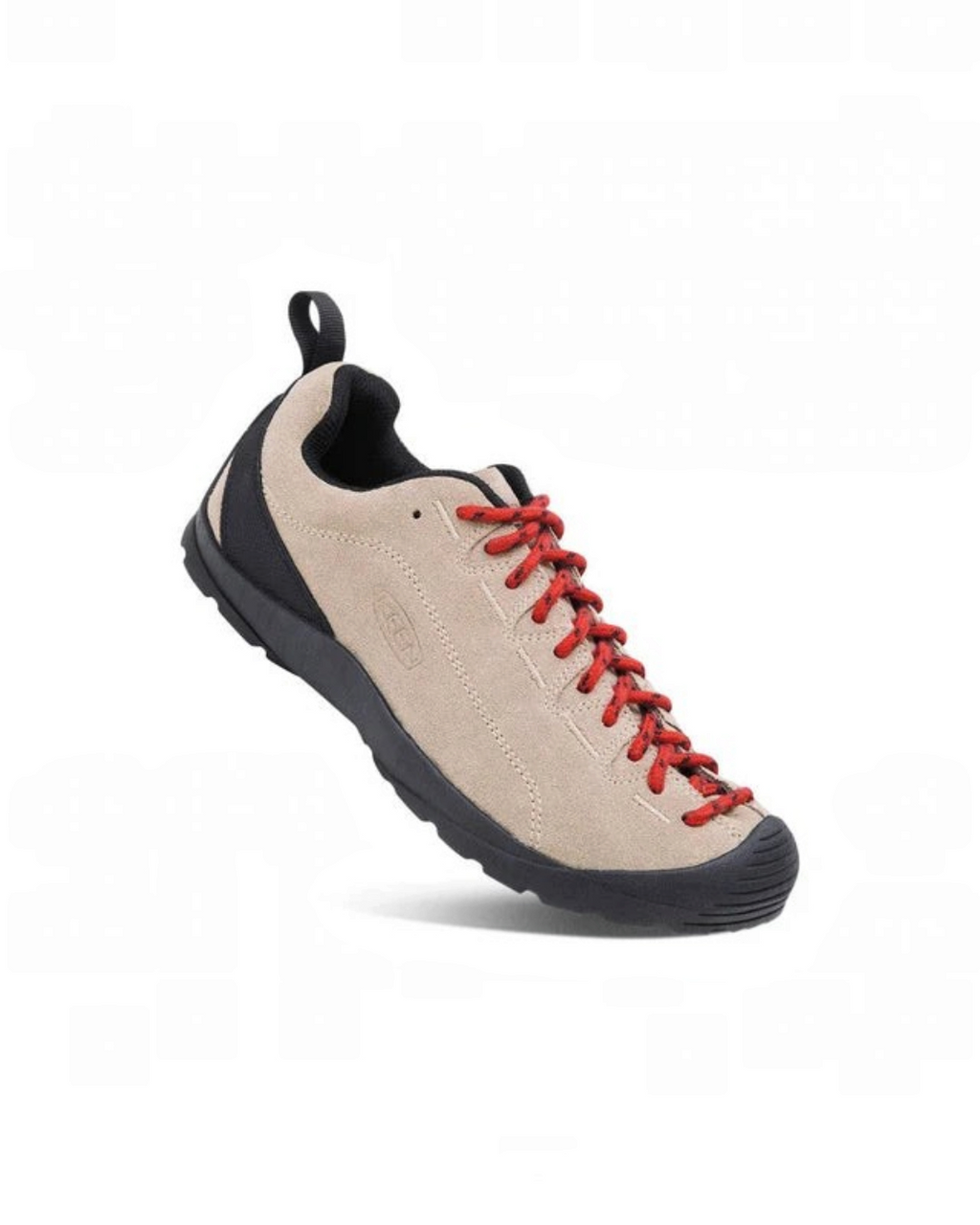 Baskets Keen Jasper Merci Paris en cuir suédé beige avec lacets rouges et semelle noire robuste