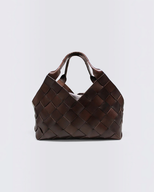 Sac Castello Merci Paris en cuir de vache marron foncé tressé à la main avec anses intégrées