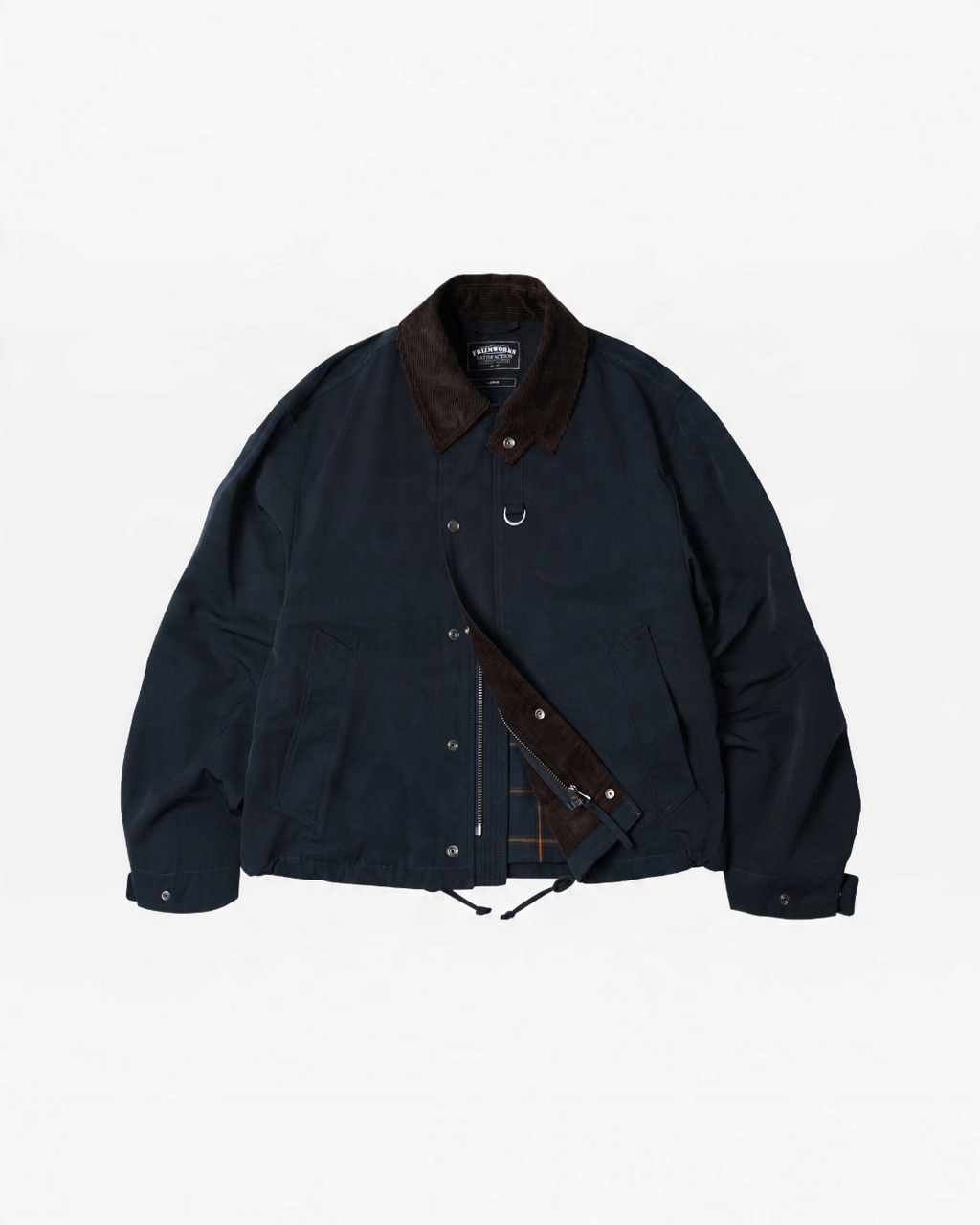Veste de chasse Merci Paris Frizmworks bleu marine en coton et nylon avec col en velours côtelé et doublure à carreaux