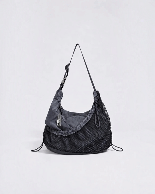 Sac bandoulière Merci Paris ARCS Hey gris en nylon ripstop avec empiècement en mesh noir et mousqueton signature