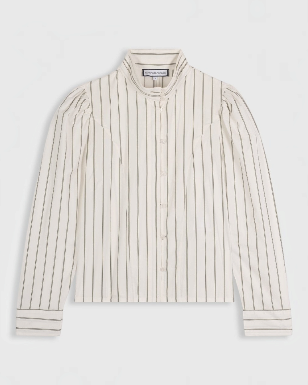 Chemise Iza Merci Paris en coton blanc à fines rayures kaki avec col mao et épaules bouffantes