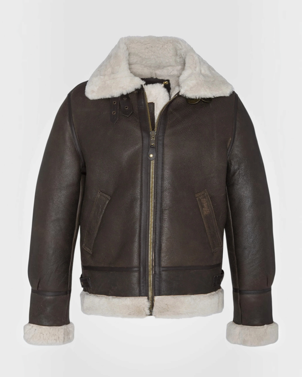 Blouson bomber Merci Paris Schott en cuir de mouton marron vieilli avec col et doublure en peau lainée crème