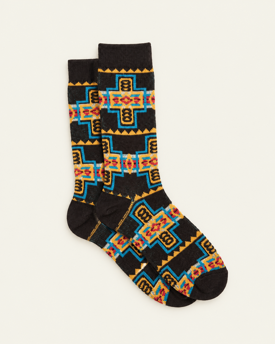 Anonymous ISM - Chaussettes Native Pattern Crew - Marron — paire en packshot sur fond écru