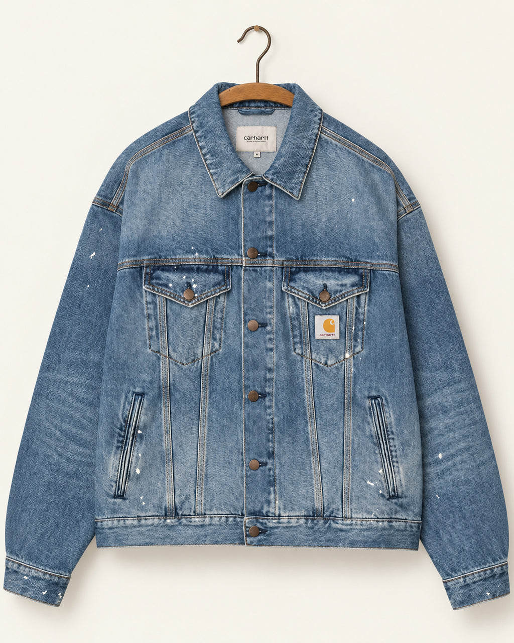 Carhartt Wip - Veste Helston Denim - Blue Destroy Wash, vue de face sur cintre