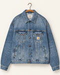 Carhartt Wip - Veste Helston Denim - Blue Destroy Wash, vue de face sur cintre