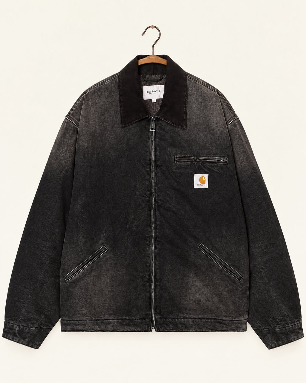 Carhartt Wip - Veste Og Detroit Denim - Black Tobacco Used Wash, vue de face sur cintre