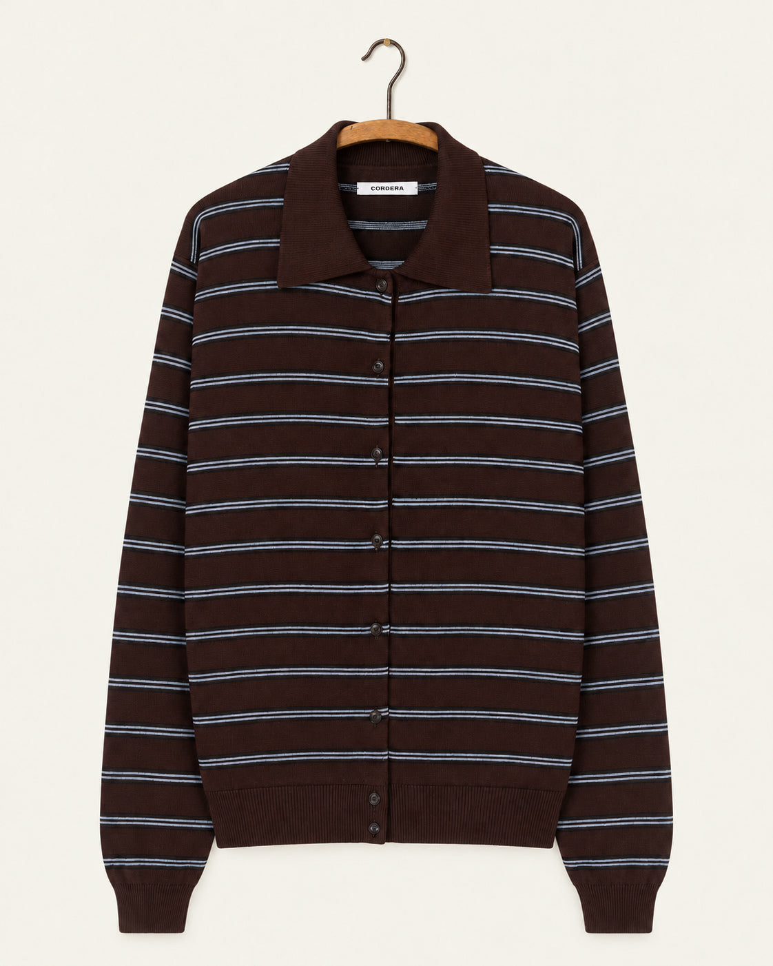 Cordera - Cardigan Polo Rayures - Marron, vue de face sur cintre