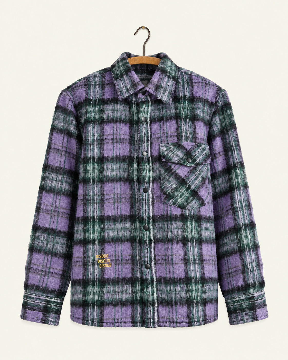 Bisous Skateboard - Chemise Garage Flanelle - Violet, vue de face sur cintre