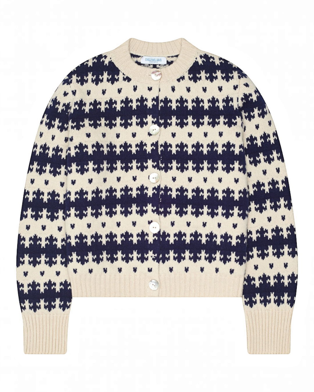Cardigan Merci Paris Calle Del Mar en cachemire écru et bleu marine avec motif Fair Isle et boutons en coquillage