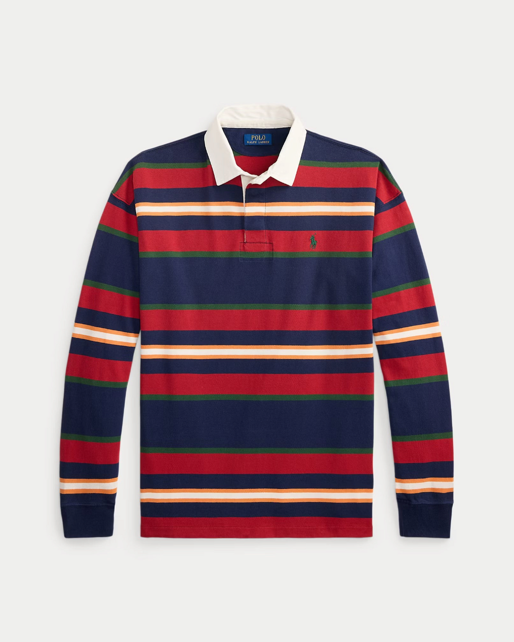 Merci Paris Ralph Lauren chemise de rugby rayée en coton marine, rouge et vert avec col blanc et logo brodé
