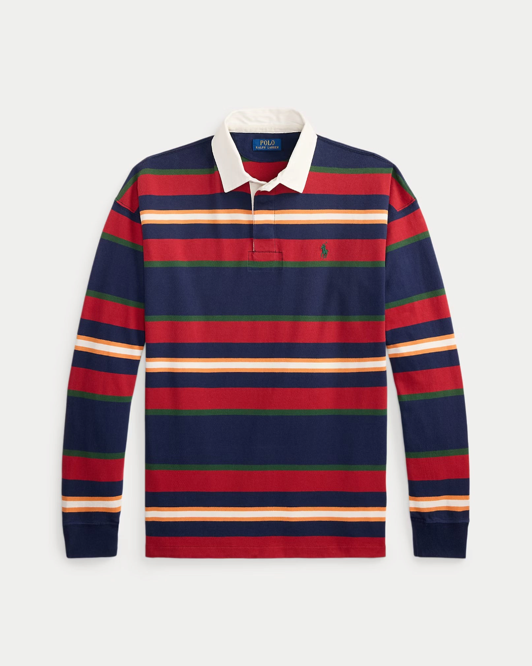 Merci Paris Ralph Lauren chemise de rugby rayée en coton marine, rouge et vert avec col blanc et logo brodé