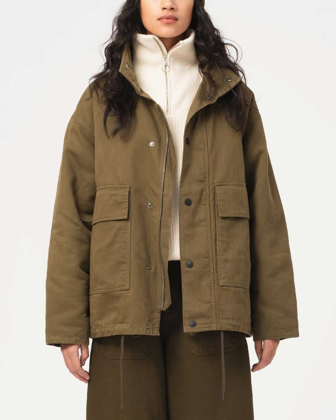 Veste Airborne Merci Paris en coton ciré couleur shitake, coupe décontractée avec poches plaquées et fermeture zippée